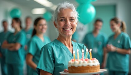 Happy senior nurse celebrates birthday in hospital ward holding cake with lit candles. Team members in scrubs smile warmly in background. Festive atmosphere with teal balloons.