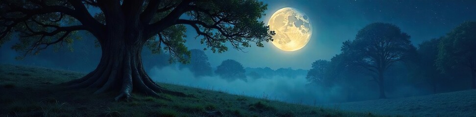 Majestic Tree Moonlight Ethereal Glow Illuminates Tranquil Forest Scene