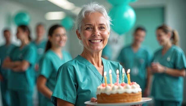 Happy senior nurse celebrates birthday in hospital ward holding cake with lit candles. Team members in scrubs smile warmly in background. Festive atmosphere with teal balloons. - Powered by Adobe