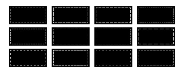 Set of black rectangle shapes with dashed lines. Dotted geometric figures isolated on white background. Cut here pictograms for paper sale coupons or price tags. Vector graphic illustration.