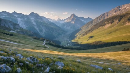 Alpine landscape with mountains, green meadows, and winding paths in the valley.
