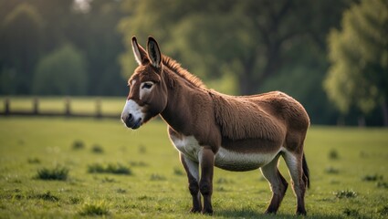 Fototapeta premium A lone donkey stands in a sunny, green field, its fur a rich brown. It looks peaceful and content, embodying tranquility.
