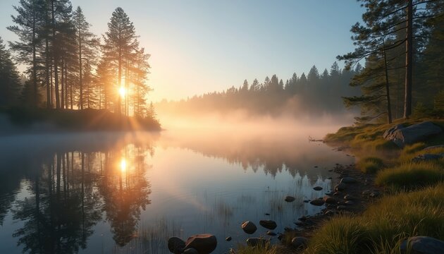 Peaceful sunrise over misty lake with pine trees. Golden hour sunlight streams through fog and pine forest. Calm water reflects trees, sky. Serene morning landscape with grass, rocks on shore.