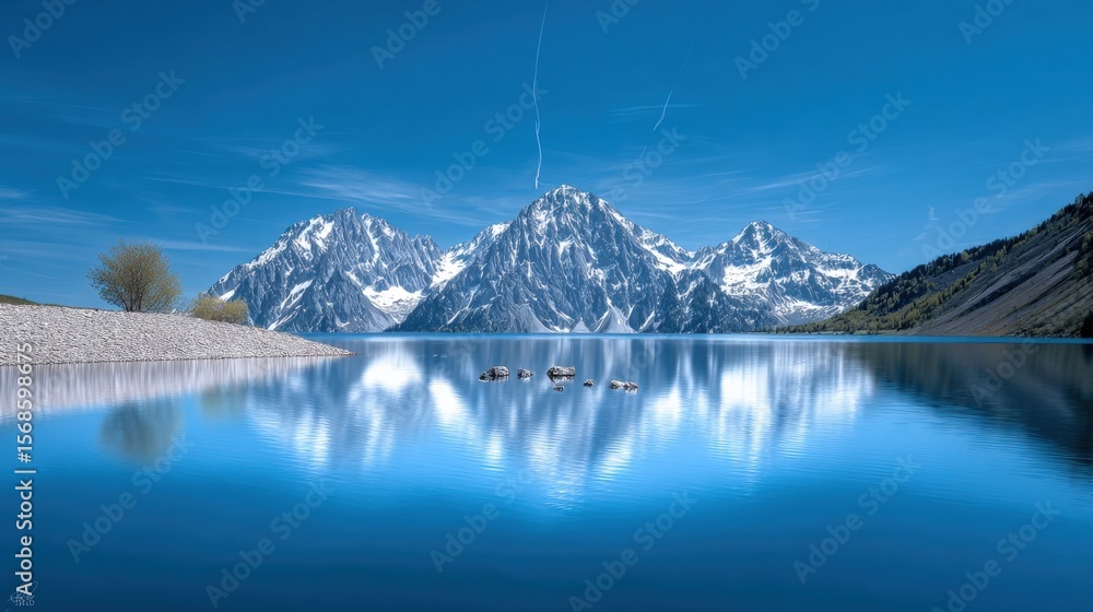 Poster serene view of snow-capped mountain range reflecting calm blue lake under clear sky with sparse tree
