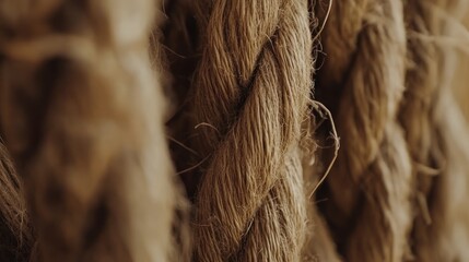 Close-up shot of thick, textured rope, showcasing intricate braided fibers.  The image focuses on the details of the rope's texture and color.