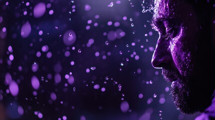 Purple Rain Man: A Dramatic Portrait of a Man Bathed in Purple Light and Water Droplets