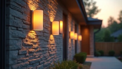 Modern home exterior features row of wall sconces illuminating stone facade. Warm glow from contemporary lamps creates cozy ambient light on brick building at dusk. Elegant exterior design.