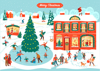 Set of Christmas and Happy New Year illustrations. Trendy retro style. Vector design banner. Wimmelbook style. Advent calendar image