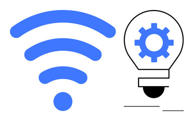 Blue wireless signal and light bulb containing gear symbolize innovation, technology, connectivity, and creativity. Ideal for tech progress, networking, innovation, problem-solving, IoT smart