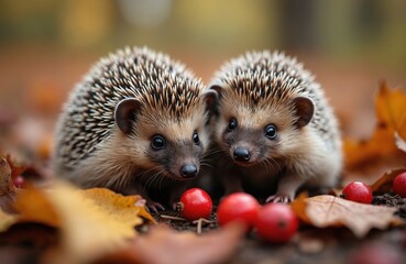 Two cute hedgehogs, mammal species, huddle together in forest setting surrounded by autumn leaves, red berries. Prickly bodies, brown snout, spiny needles visible in closeup nature scene. Animal pair