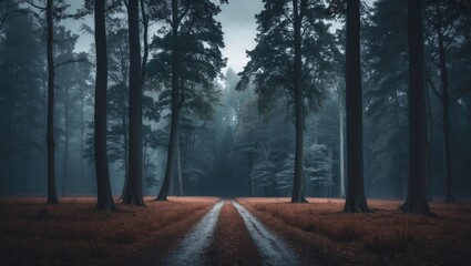 Fototapeta premium A stunning forest with tall trees and a dirt path running through the woodland area. Nature and scenery, tranquility, landscape. The beauty of tall trees and peaceful forests.