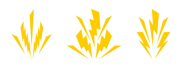 Set of yellow thunderbolt effects. Lightning signs isolated on white background. Thunderstorm silhouettes. Flashlight, energy, power or electricity symbols. Vector flat illustration.