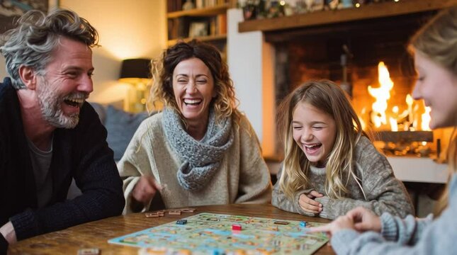 Family game night fun: playing board games by the fireplace for quality time and bonding moments