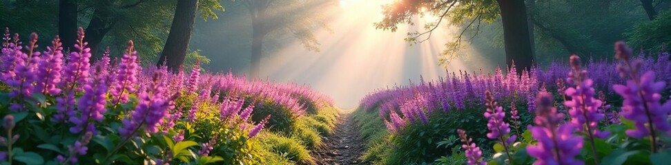 Magical Misty Morning in a Vibrant Heather Forest Sunlight filters through purple blooms and green foliage, creating a breathtaking fantasy landscape perfect for travel and nature themes.
