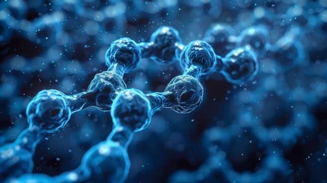 Close-up blue molecule chain; blurred background, soft light, and particles