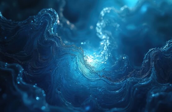 Abstract blue resin texture with vibrant turquoise and ocean shades. Flowing liquid patterns mimic waves and ripples. High resolution, glossy surface with subtle glitter and glowing light effects.