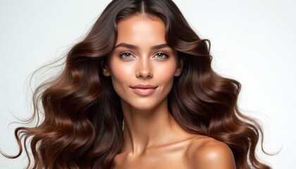 Fototapeta premium Young woman with long, curly, shiny brown hair. Features natural beauty, smooth skin. Ideal for hair care, skincare, beauty products, elegance, wellness, radiant glow. White background feminine