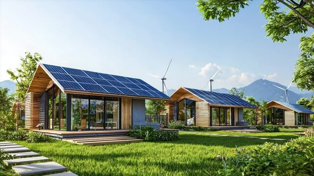 Eco-friendly homes nestled in a lush green landscape.  Modern tiny houses with solar panels and wind turbines, showcasing sustainable living