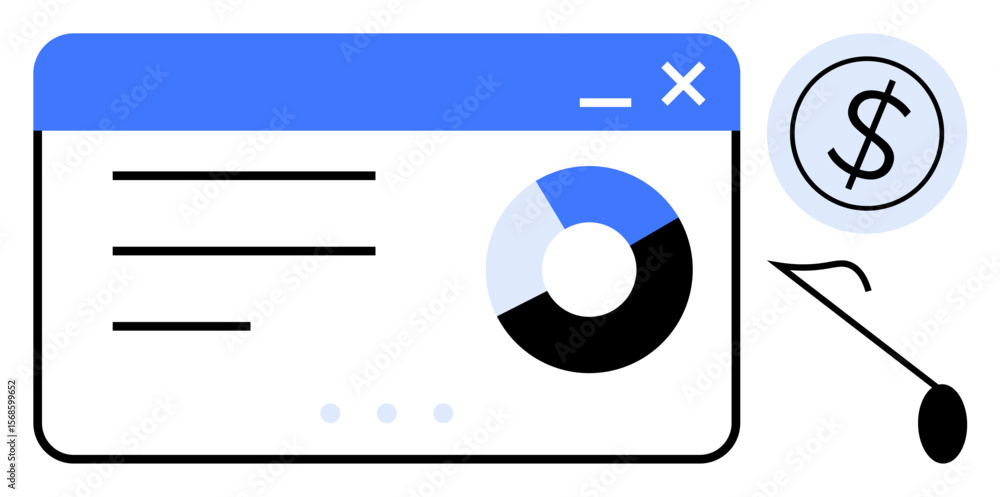 Aufkleber interface with bar and pie charts explored via magnifying glass and dollar icon. ideal for finance, 