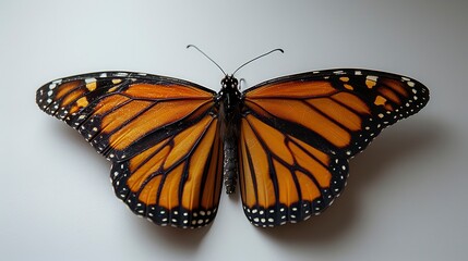 Obraz premium Monarch butterfly, wings spread, vibrant orange and black markings, isolated against a white background