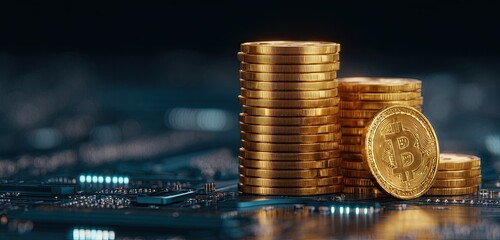 Stack of Gleaming Gold Bitcoins Resting on Computer Motherboard
