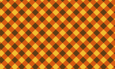 Checkered picnic plaid background. Gingham pattern in diagonal arrangement. Halloween or Thanksgiving Day print. Tablecloth, blanket, basket napkin or towel fabric texture. Vector illustration.