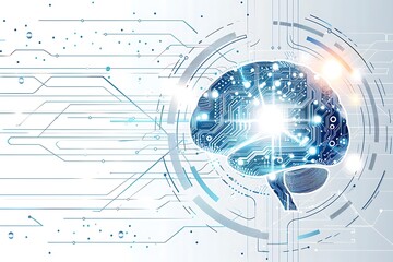 Obraz premium Digital Mind: A futuristic illustration depicts a radiant brain composed of interconnected circuits, wires, and data streams.