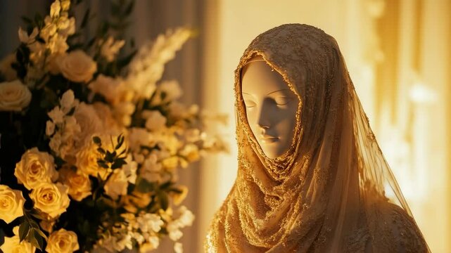A mannequin wearing a white scarf is sitting in front of a vase of flowers. The flowers are yellow and white, and they are arranged in a way that creates a sense of balance and harmony. Muslim woman i