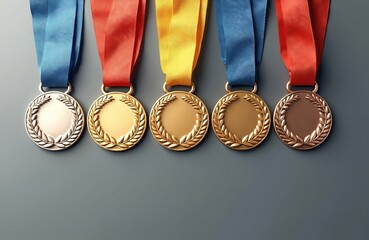 Gold, silver, bronze medals with colored ribbons displayed in row. Awards symbolize victory, achievement, success in competitions. Representing champions, top rankings, perfect for themes of sports,