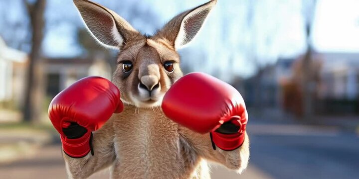 A kangaroo with boxing gloves is standing off ready to fight