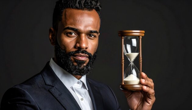 Confident Businessman Holding Hourglass Time Management with Deadline, and Concept on Black.