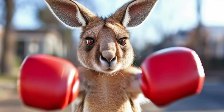 A kangaroo with boxing gloves is standing off ready to fight