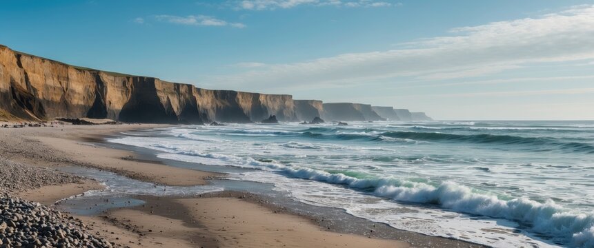 Seashore, Beach, Waves And Cliffs with Empty Copy Space for Text
