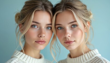 Obraz premium Two young women with blonde hair, blue eyes pose closely together in studio setting. Wear cozy white sweaters, soft focus portraits emphasize natural beauty, innocence. Light blue background adds