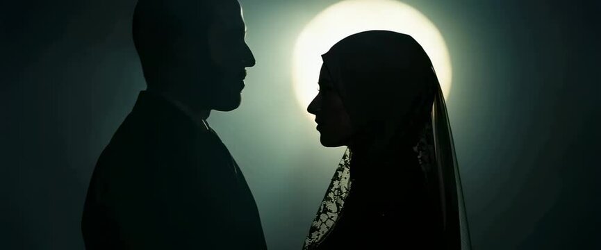 Newlywed couple standing in front of big moon. Nikah. Muslim wedding, bride in hijab and groom. Islamic wedding concept.