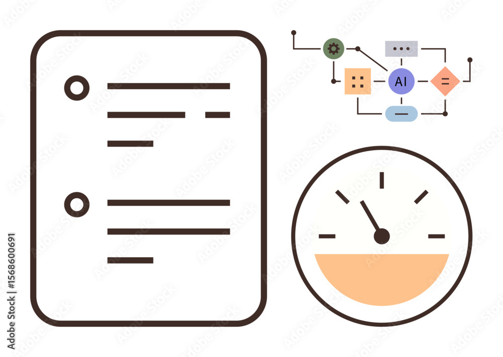 Poster document checklist, ai flowchart, and gauge representing automation, analytics, and system efficienc