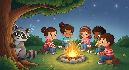 Kids Campfire Night Roasting Marshmallows and Making Memories