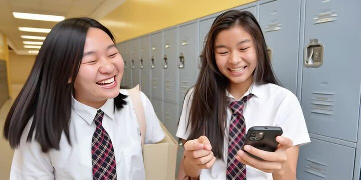 Two friends and classmates laughing about viral smartphone video in the school hallway with their lockers