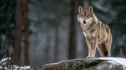 Fototapeta premium Gray Wolf with Piercing Yellow Eyes on Snow-Covered Rock in Winter Forest 