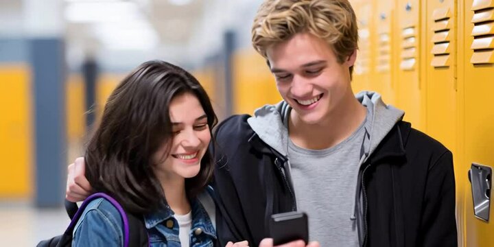 Two friends and classmates laughing about viral smartphone video in the school hallway with their lockers