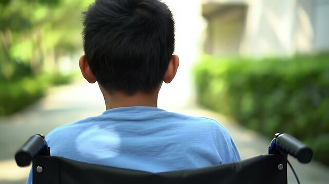 Close up of an Unidentifiable Man in Blue T-Shirt Sitting in a Wheelchair on a Path With Sunlight in the Background