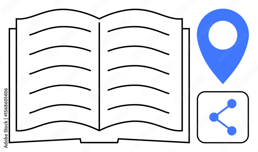 Poster open book with lines symbolizing knowledge, location pin for navigation, and share icon for connecti