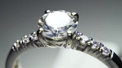 Close Up Silver Ring with Round Cut Diamond Gemstone Set in an Elegant Design