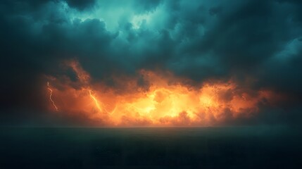 Dramatic weather theme featuring a fiery sky with swirling storm clouds and lightning bolts. The dark landscape adds depth to this intensely vibrant and captivating scene. A powerful, energetic vista.