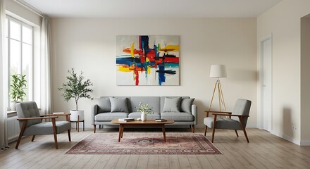 Modern living room interior design featuring comfortable furniture, a stylish sofa, and cozy fireplace decor