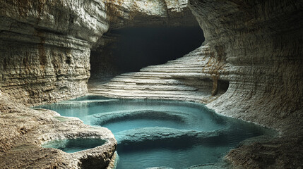 Layered grey rock formation featuring natural water pools, showcasing rugged textures and geological patterns. Calm, reflective water contrasts with rough stone. Nature’s artistry in serene landscape.