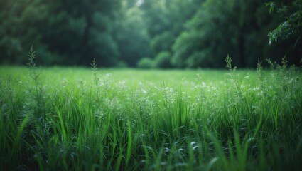 Summer Background with lush bright green grass and empty copy space for text