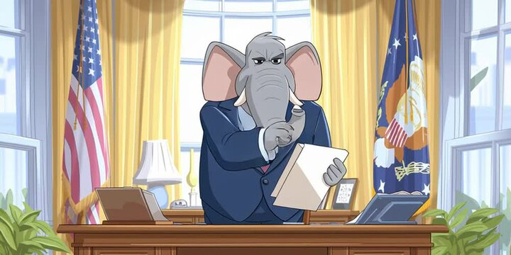 Animated cartoon elephant n the white house oval office - conservative and republican presidential politics