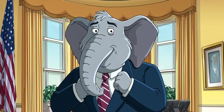 Animated cartoon elephant n the white house oval office - conservative and republican presidential politics
