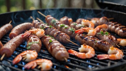 Fresh Juicy Shish Kebab sausages and prawns grilled on coals at a backyard barbecue with empty space for text.